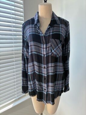 Cloth & Stone Anthropologie Women's Blue Raw Hem Flannel Button Down
